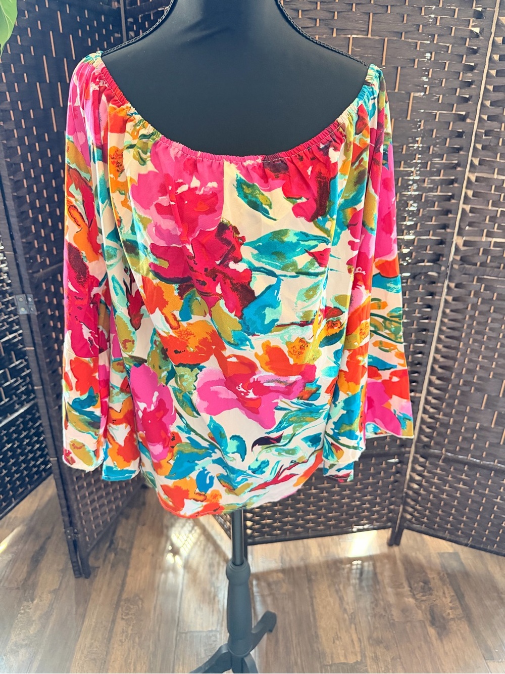Bright Floral Off-Shoulder Tunic Top - Multicolor plus size